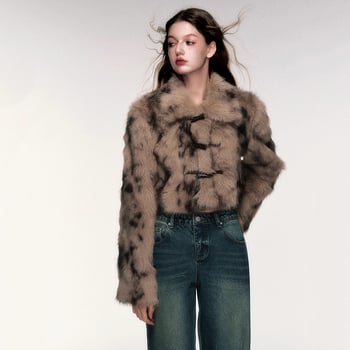 Női műszőrme kabát leopard mintával, reveres gallérral, hosszú ujjú, poliészter anyag, városi stílus.