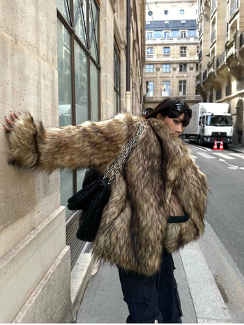 Γυναικείο παλτό από συνθετικό γούνα, με γιακά τύπου lapel, μακριά μανίκια, μεσαίο μήκος, στυλ δάσους