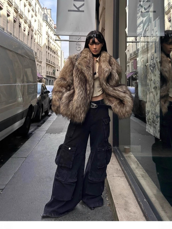 Γυναικείο παλτό από συνθετικό γούνα, με γιακά τύπου lapel, μακριά μανίκια, μεσαίο μήκος, στυλ δάσους