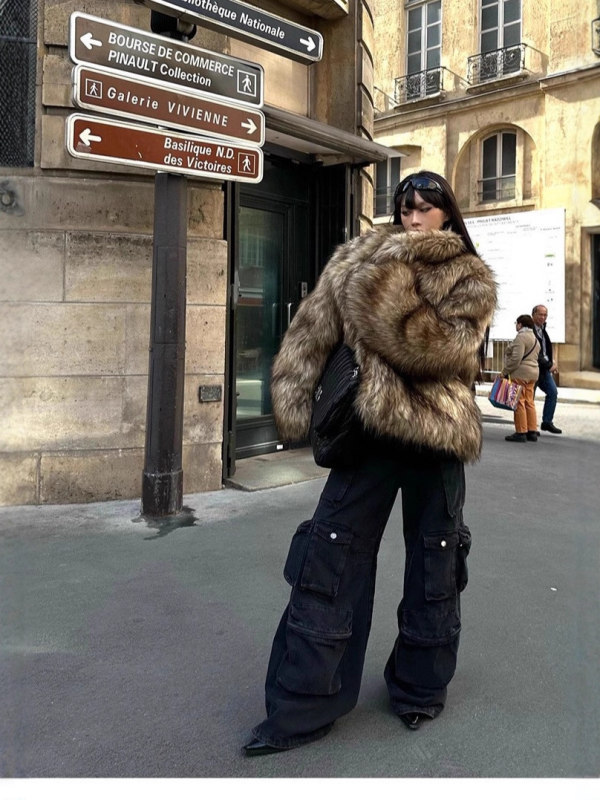 Γυναικείο παλτό από συνθετικό γούνα, με γιακά τύπου lapel, μακριά μανίκια, μεσαίο μήκος, στυλ δάσους