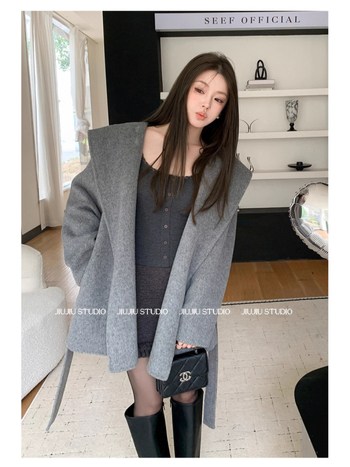 Dingjinghu Γυναικείο παλτό μαλλί με κουκούλα, μεσαίου μήκους, χαλαρή γραμμή, 95% μαλλί, μανίκια ραγκλάν