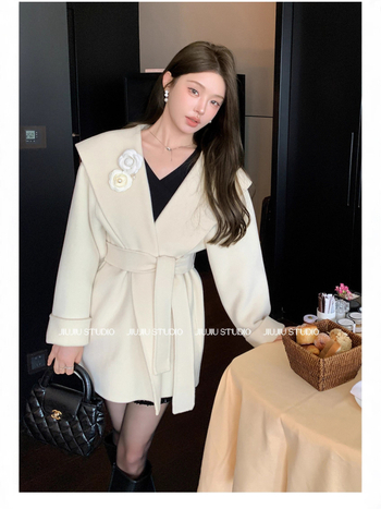 Dingjinghu Γυναικείο παλτό μαλλί με κουκούλα, μεσαίου μήκους, χαλαρή γραμμή, 95% μαλλί, μανίκια ραγκλάν