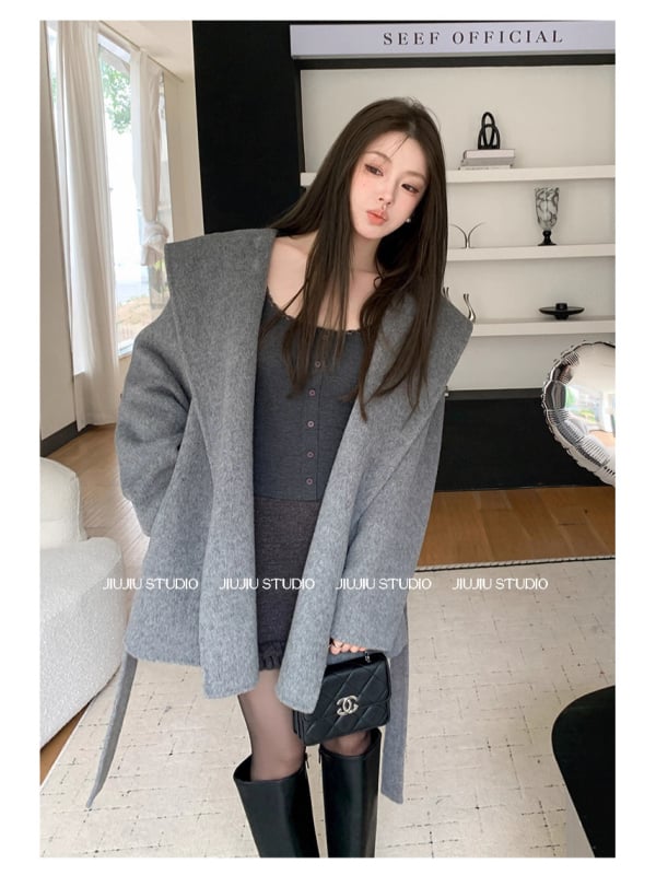 Dingjinghu Γυναικείο παλτό μαλλί με κουκούλα, μεσαίου μήκους, χαλαρή γραμμή, 95% μαλλί, μανίκια ραγκλάν