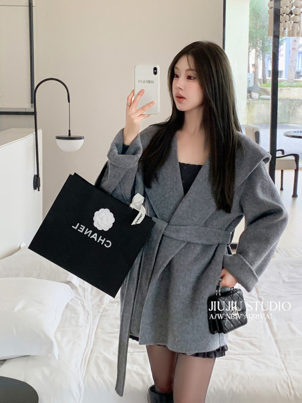 Dingjinghu Γυναικείο παλτό μαλλί με κουκούλα, μεσαίου μήκους, χαλαρή γραμμή, 95% μαλλί, μανίκια ραγκλάν