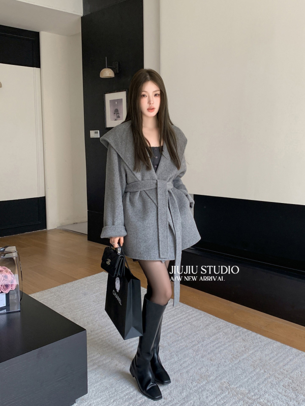 Dingjinghu Γυναικείο παλτό μαλλί με κουκούλα, μεσαίου μήκους, χαλαρή γραμμή, 95% μαλλί, μανίκια ραγκλάν