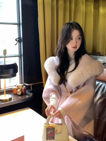 Γυναικεία μάλλινη κάπα με γούνα αλεπούς, κουκούλα, στυλ κάπα, μεσαίο μήκος