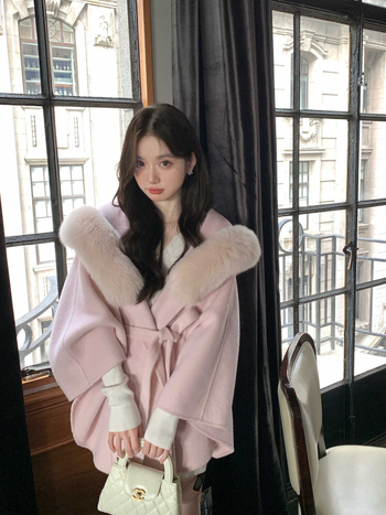 Γυναικεία μάλλινη κάπα με γούνα αλεπούς, κουκούλα, στυλ κάπα, μεσαίο μήκος