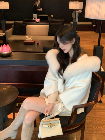 Γυναικεία μάλλινη κάπα με γούνα αλεπούς, κουκούλα, στυλ κάπα, μεσαίο μήκος