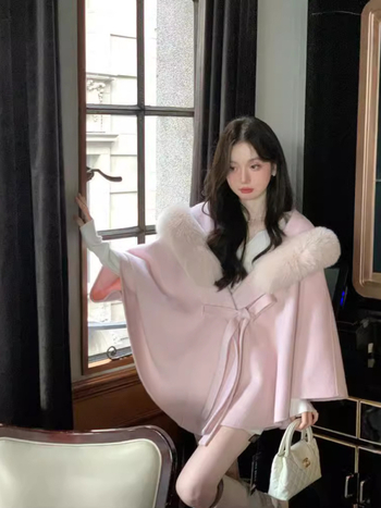 Γυναικεία μάλλινη κάπα με γούνα αλεπούς, κουκούλα, στυλ κάπα, μεσαίο μήκος