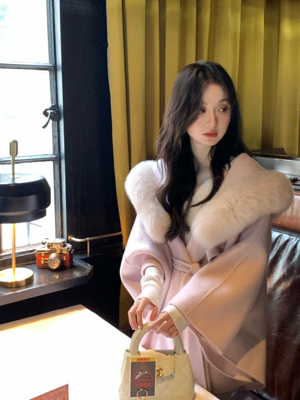 Γυναικεία μάλλινη κάπα με γούνα αλεπούς, κουκούλα, στυλ κάπα, μεσαίο μήκος