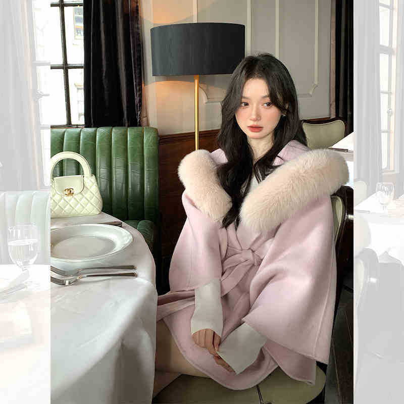 Γυναικεία μάλλινη κάπα με γούνα αλεπούς, κουκούλα, στυλ κάπα, μεσαίο μήκος