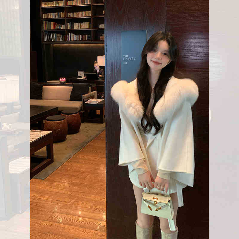 Γυναικεία μάλλινη κάπα με γούνα αλεπούς, κουκούλα, στυλ κάπα, μεσαίο μήκος