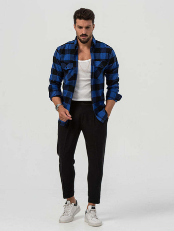 Πλεκτό πουκάμισο-ζακέτα με καρό μοτίβο, τσέπη, γιακά με πέταλο, βαμβακερή ανάμιξη, μακριά μανίκια