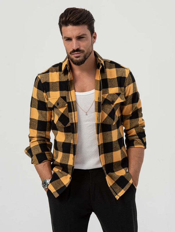 Πλεκτό πουκάμισο-ζακέτα με καρό μοτίβο, τσέπη, γιακά με πέταλο, βαμβακερή ανάμιξη, μακριά μανίκια