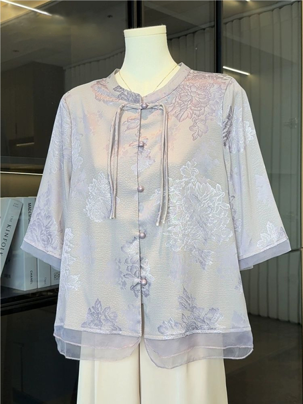 Cămașă feminină cu stil chinezesc, mâneci medii, țesătură poliester, fără călcare, stil casual, vară 2025