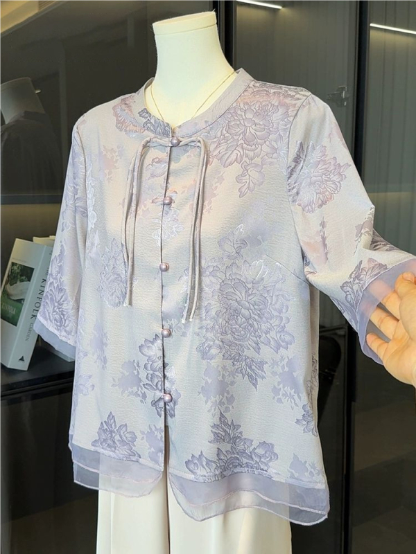 Cămașă feminină cu stil chinezesc, mâneci medii, țesătură poliester, fără călcare, stil casual, vară 2025