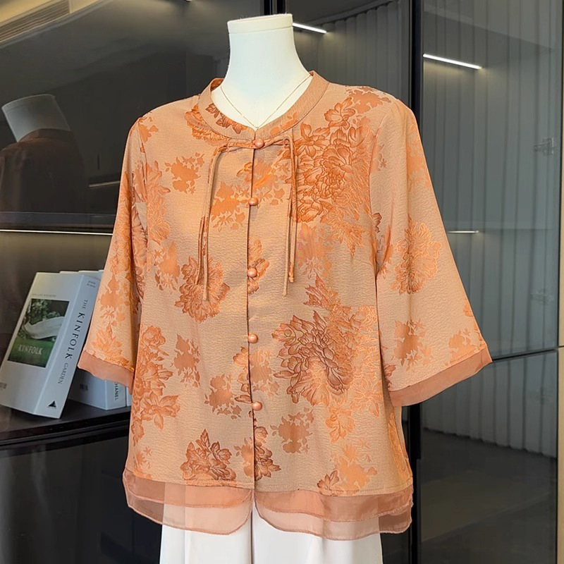 Cămașă feminină cu stil chinezesc, mâneci medii, țesătură poliester, fără călcare, stil casual, vară 2025