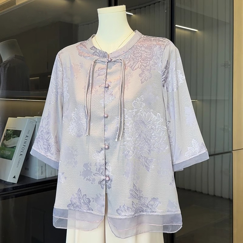 Cămașă feminină cu stil chinezesc, mâneci medii, țesătură poliester, fără călcare, stil casual, vară 2025