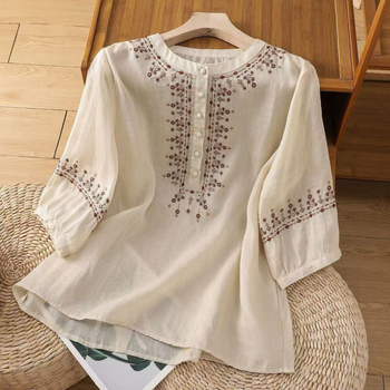 Ретро памучна риза с бродерия, кръгла яка, пуловер стил, ръкав 5/4, пролет 2025