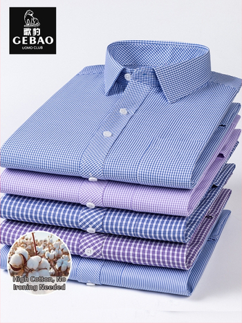 Košeľa s dlhými rukávmi, kockovaný vzor, štvorcový golier, bavlnená zmes, bez žehlenia