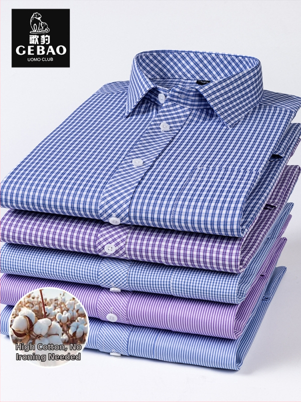 Košeľa s dlhými rukávmi, kockovaný vzor, štvorcový golier, bavlnená zmes, bez žehlenia