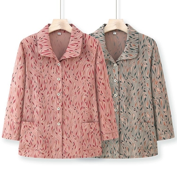 Cămașă pentru femei în vârstă — țesătură bumbac-poliester, Primăvara 2025, conținut fibre ≤30%, imprimeu, stil de birou