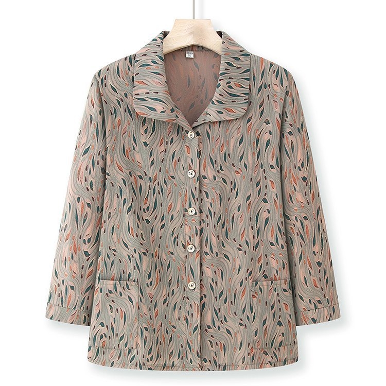 Cămașă pentru femei în vârstă — țesătură bumbac-poliester, Primăvara 2025, conținut fibre ≤30%, imprimeu, stil de birou