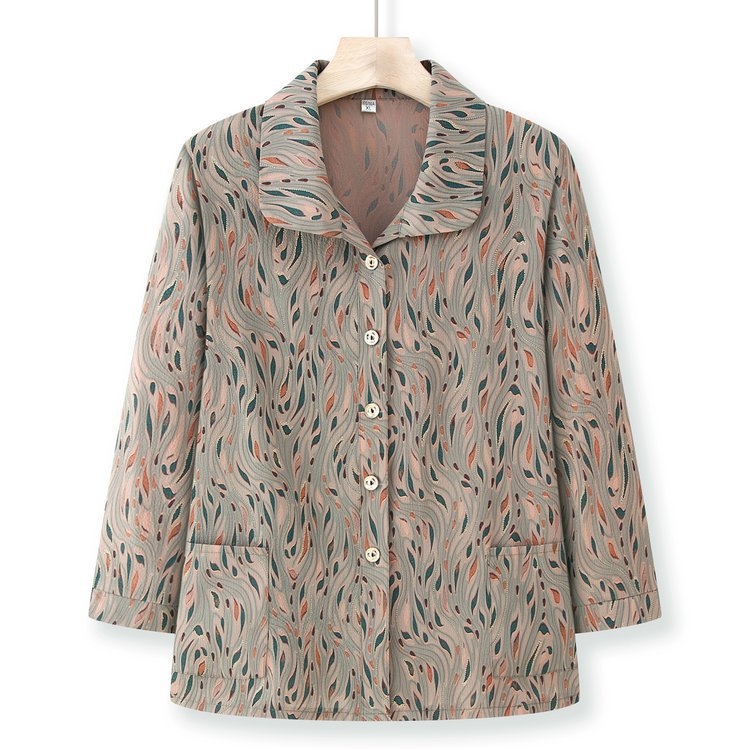 Cămașă pentru femei în vârstă — țesătură bumbac-poliester, Primăvara 2025, conținut fibre ≤30%, imprimeu, stil de birou