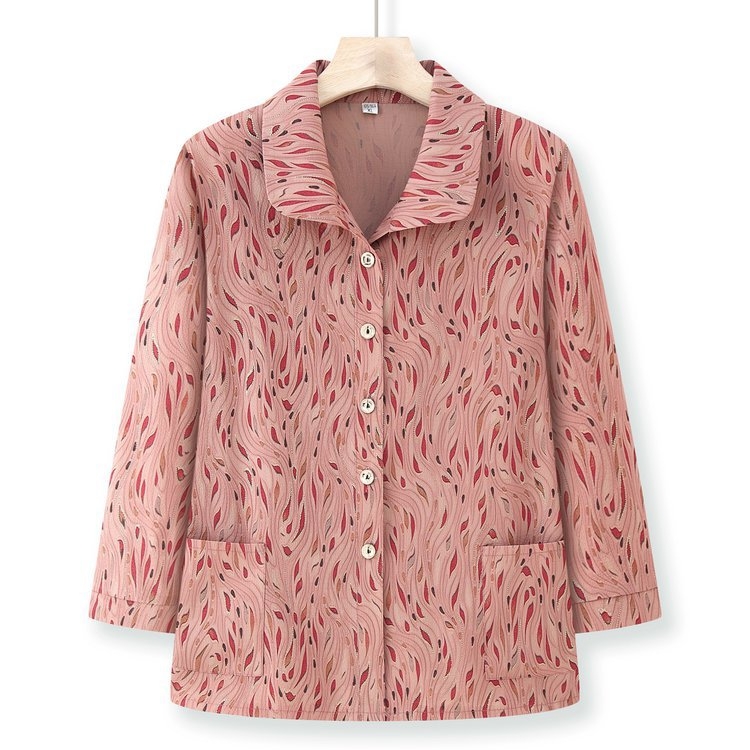 Cămașă pentru femei în vârstă — țesătură bumbac-poliester, Primăvara 2025, conținut fibre ≤30%, imprimeu, stil de birou