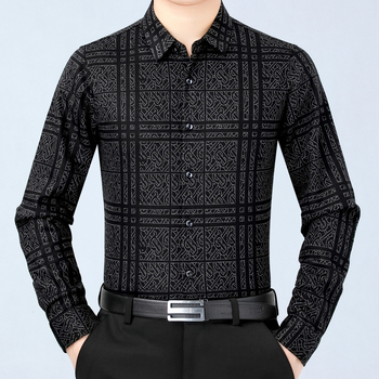 Pánska košeľa z kašmíru s káro vzorom, s golierom s reverom a dlhými rukávmi