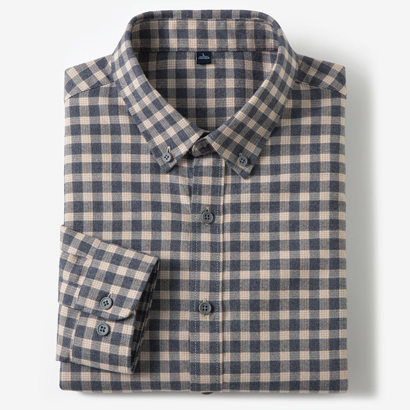 Muška košulja od 100% pamuka, s dugim rukavima, karirani uzorak, poslovno casual stil, uski kroj, za proljeće i jesen, za muškarce srednje dobi