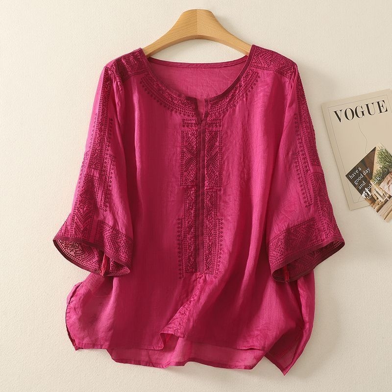 Blúz Tencel-kender anyagból, laza fazon, középméretű ujjak, kerek nyakú, standard hossz 50–65 cm