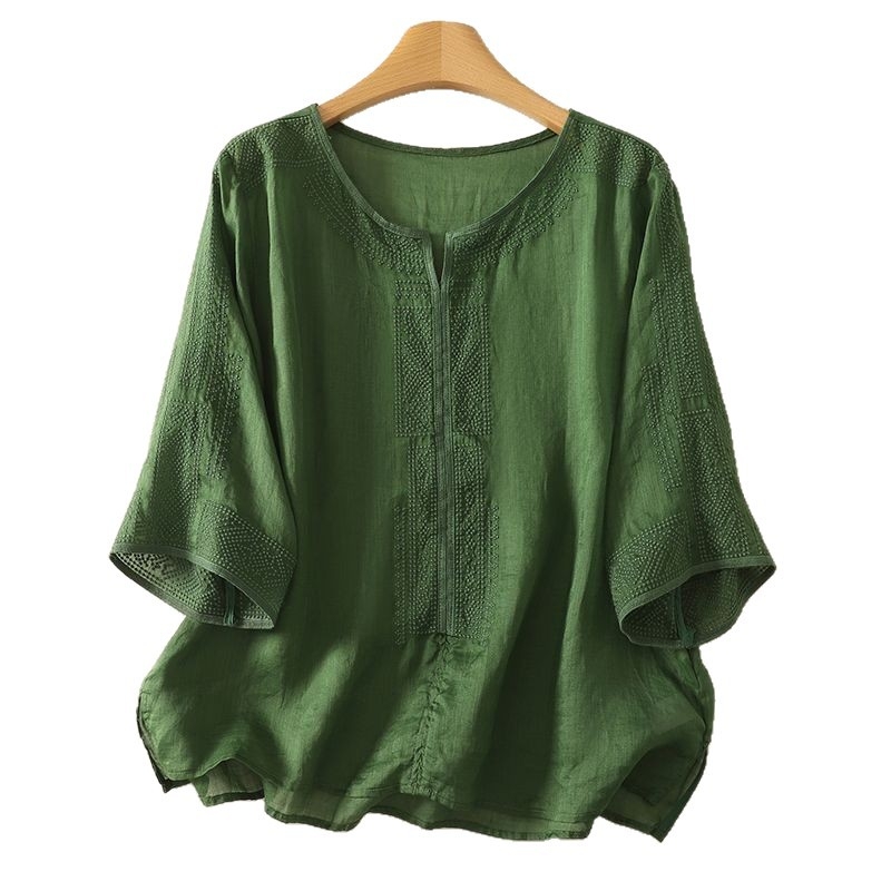 Blúz Tencel-kender anyagból, laza fazon, középméretű ujjak, kerek nyakú, standard hossz 50–65 cm