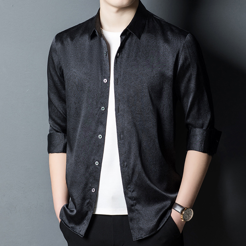 Košula od Mulberry svile sa Spandexom, dugi rukav, ovratnik Lapel, široki kroj, prozračna, bez peglanja, odvlažuje vlagu, proljeće–jesen, dnevna muška košulja srednje dobi