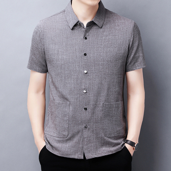 Ing galléros, rövid ujjú, pamut-len keverék, zsebes díszítés, lazán szabott