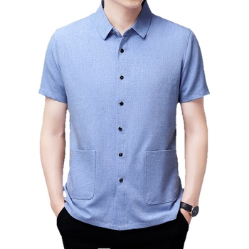 Ing galléros, rövid ujjú, pamut-len keverék, zsebes díszítés, lazán szabott