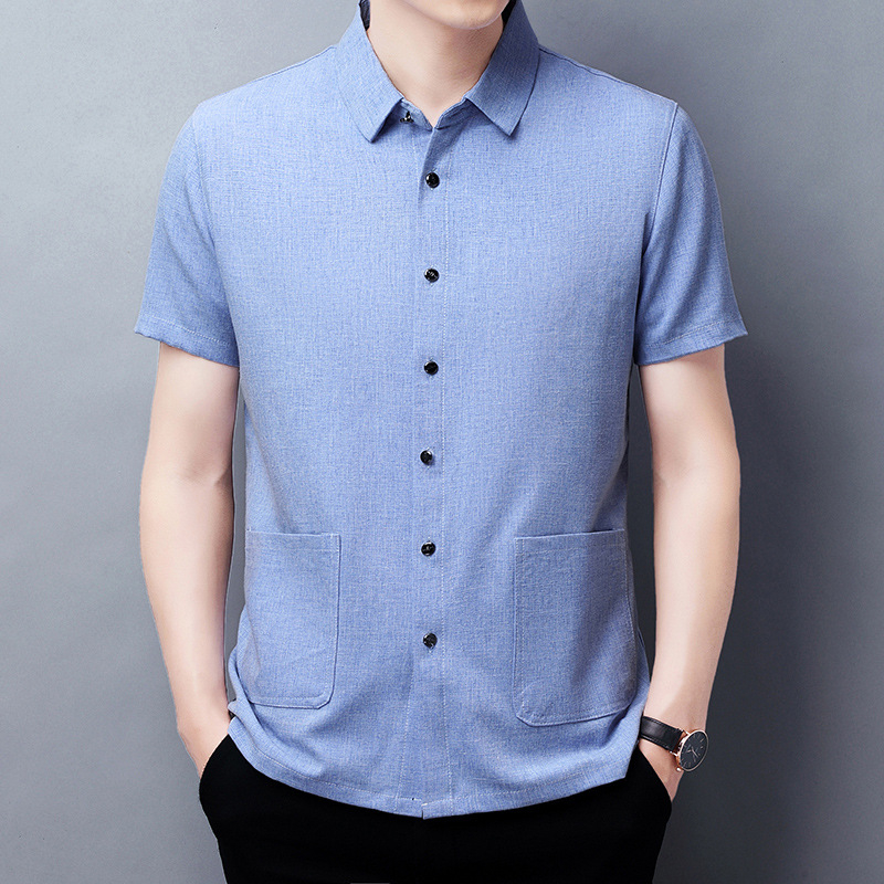 Ing galléros, rövid ujjú, pamut-len keverék, zsebes díszítés, lazán szabott