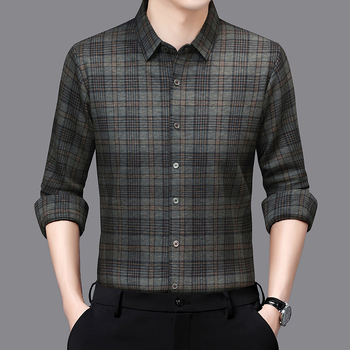 Férfi gyapjúkeverékből készült kockás ing fleece-béléssel, hosszú ujjú, laza szabású, téli melegen.