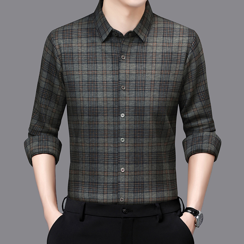 Férfi gyapjúkeverékből készült kockás ing fleece-béléssel, hosszú ujjú, laza szabású, téli melegen.