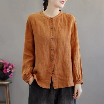 Szabad szabású pamut ing, hosszú ujjú, kerek nyakú, casual stílus, egysoros, többcsatos zárás