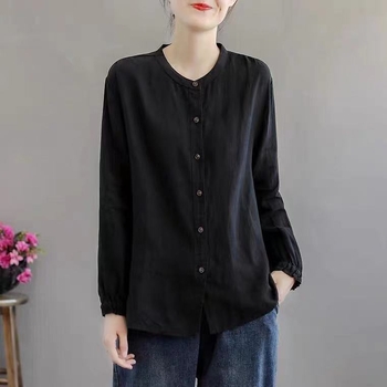 Szabad szabású pamut ing, hosszú ujjú, kerek nyakú, casual stílus, egysoros, többcsatos zárás