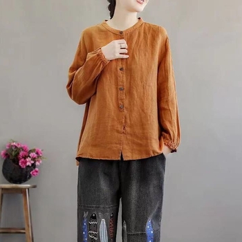 Szabad szabású pamut ing, hosszú ujjú, kerek nyakú, casual stílus, egysoros, többcsatos zárás