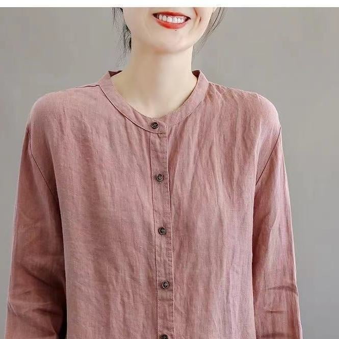 Szabad szabású pamut ing, hosszú ujjú, kerek nyakú, casual stílus, egysoros, többcsatos zárás