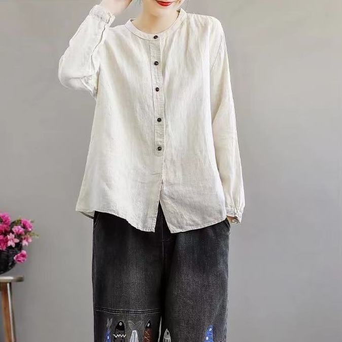 Szabad szabású pamut ing, hosszú ujjú, kerek nyakú, casual stílus, egysoros, többcsatos zárás