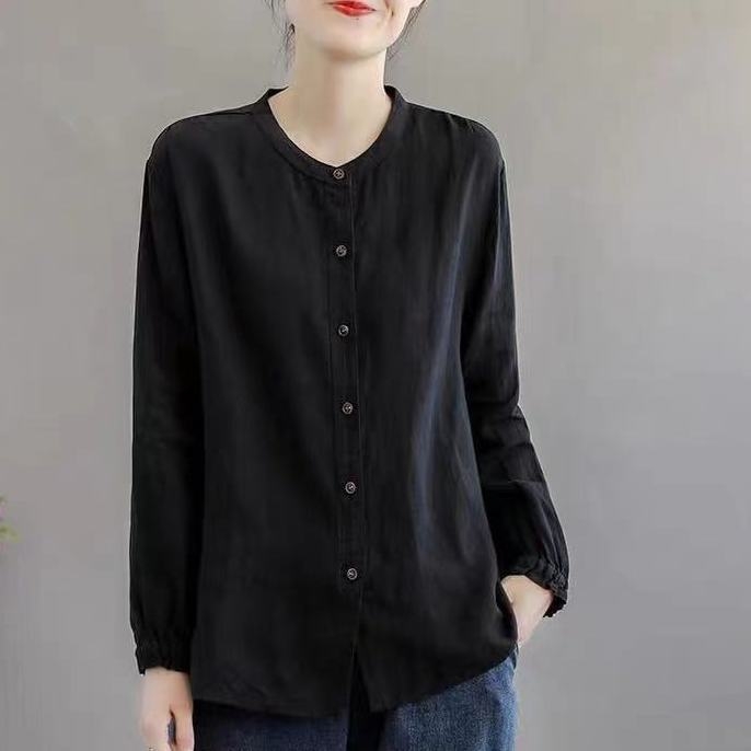 Szabad szabású pamut ing, hosszú ujjú, kerek nyakú, casual stílus, egysoros, többcsatos zárás