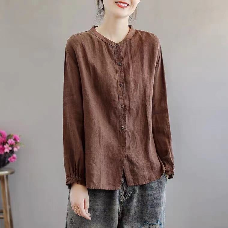 Szabad szabású pamut ing, hosszú ujjú, kerek nyakú, casual stílus, egysoros, többcsatos zárás