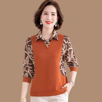 Top pentru femei de vârstă mijlocie, stil coreean, aspect stratificat fals din două piese, mânecă lungă, poliester >95%, toamnă 2024