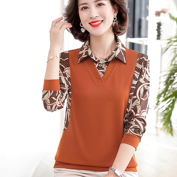 Top pentru femei de vârstă mijlocie, stil coreean, aspect stratificat fals din două piese, mânecă lungă, poliester >95%, toamnă 2024