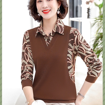 Top pentru femei de vârstă mijlocie, stil coreean, aspect stratificat fals din două piese, mânecă lungă, poliester >95%, toamnă 2024