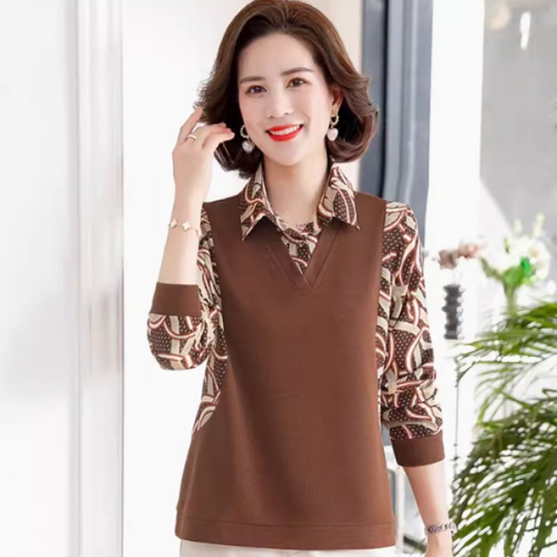 Top pentru femei de vârstă mijlocie, stil coreean, aspect stratificat fals din două piese, mânecă lungă, poliester >95%, toamnă 2024